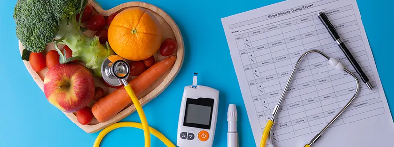 A medical chart with a glucometer and test results, emphasizing the importance of regular check-ups even without visible symptoms.