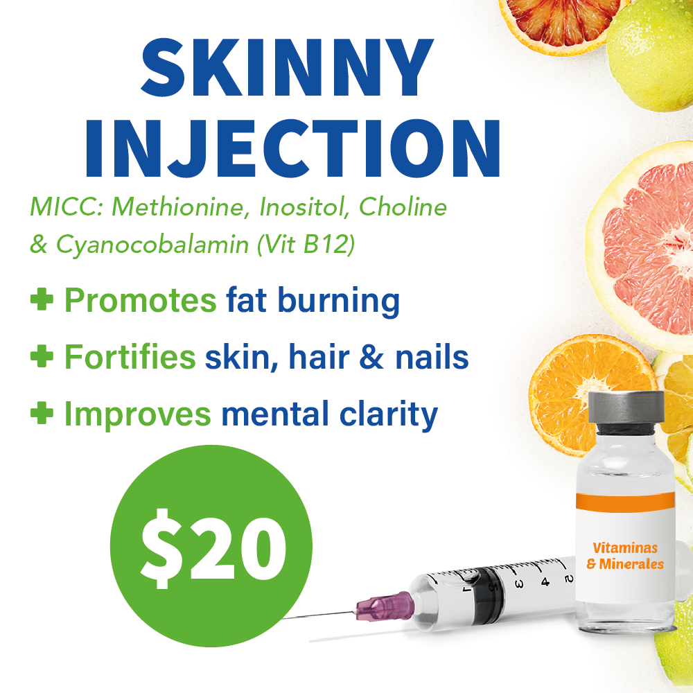 The Skinny injection contains a mixture of vitamins and amino acids that promotes fat burning in the body.