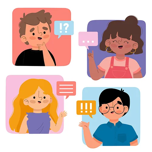 Iconos de habla y escucha con personas comunicándose