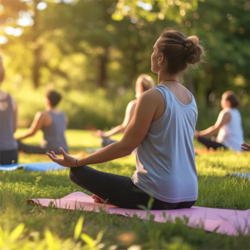 Grupo de personas practicando yoga en un prado verde