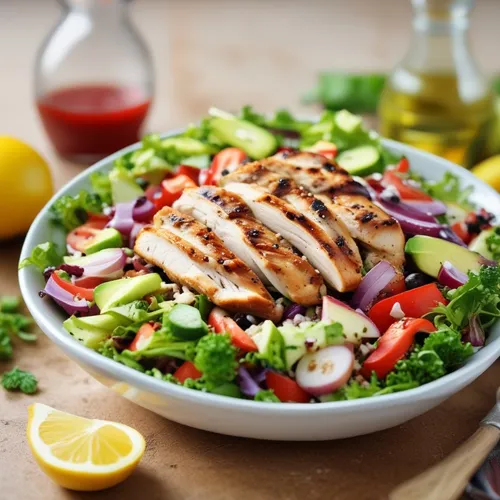 High-protein salad with chicken and quinoa for lunch